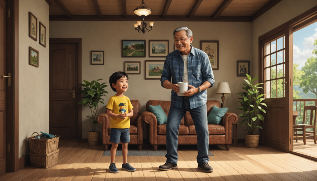 Man and child smiling in living room.
