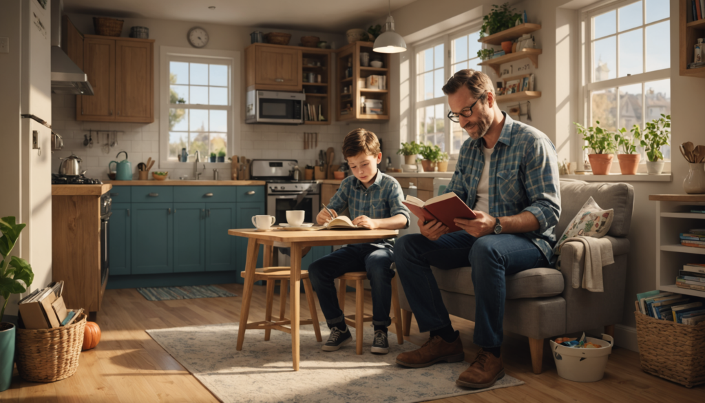 Father and son reading together in cozy kitchen.