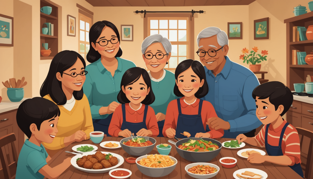 Family enjoying meal together in cozy dining room.