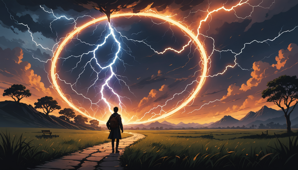 Person observing ring of lightning in sunset sky.