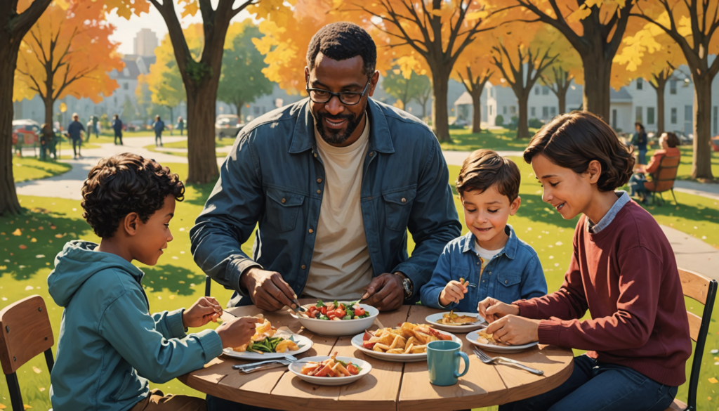 Family enjoying picnic in autumn park