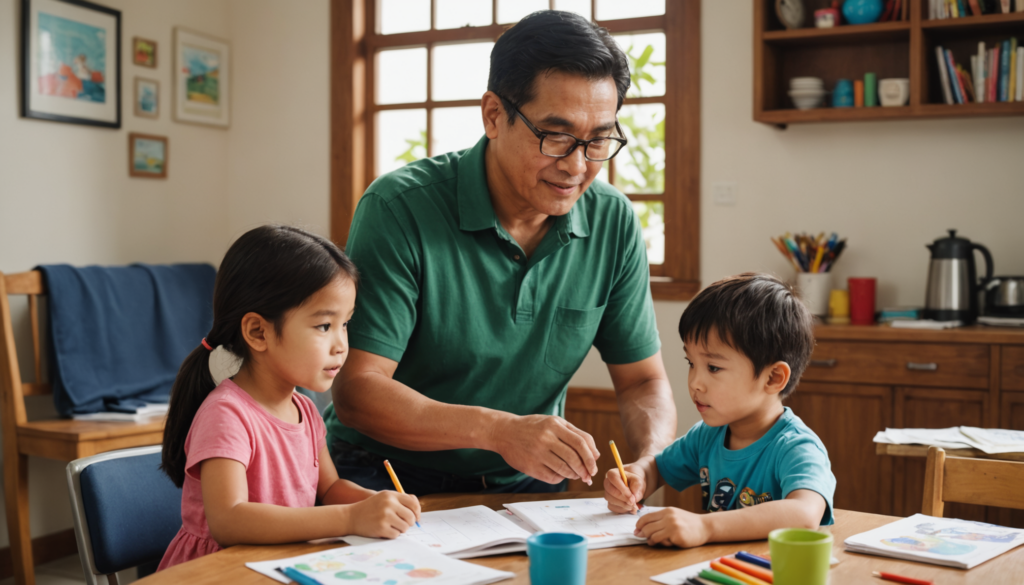 Man helping children with homework, home setting.