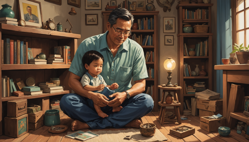 Grandfather and child reading in cozy study room.