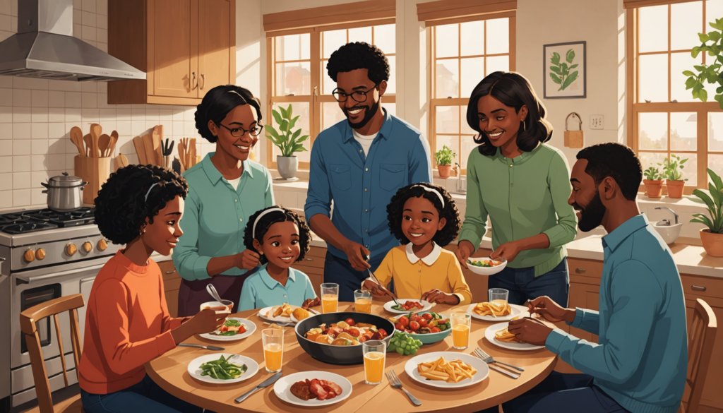Family enjoying dinner together in cozy kitchen.