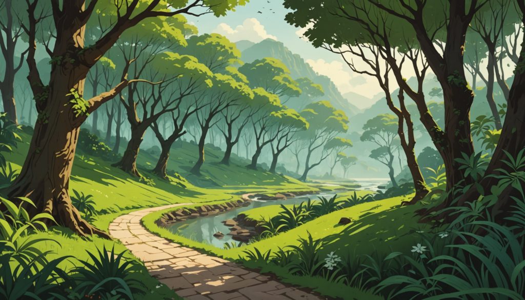 Scenic forest path with river and trees
