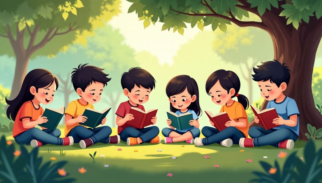 Children reading books under a tree