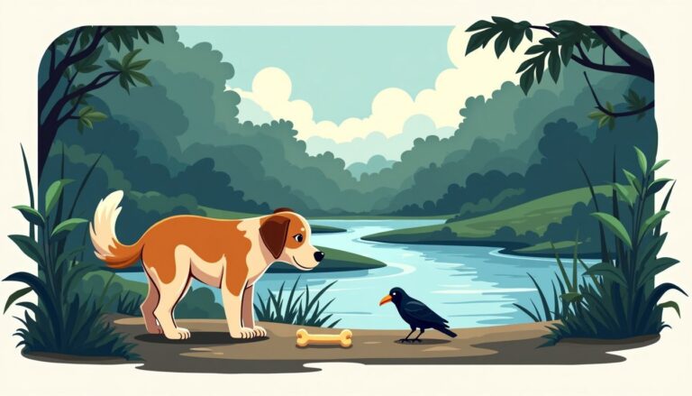 Dog and crow by river with bone