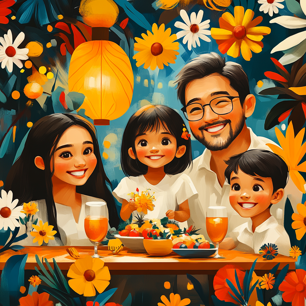 Mga Magagandang Kaugalian ng Pilipino, isang geometric na pagtitipon ng pamilya na may hapag kainan at palamuti sa flat design style.