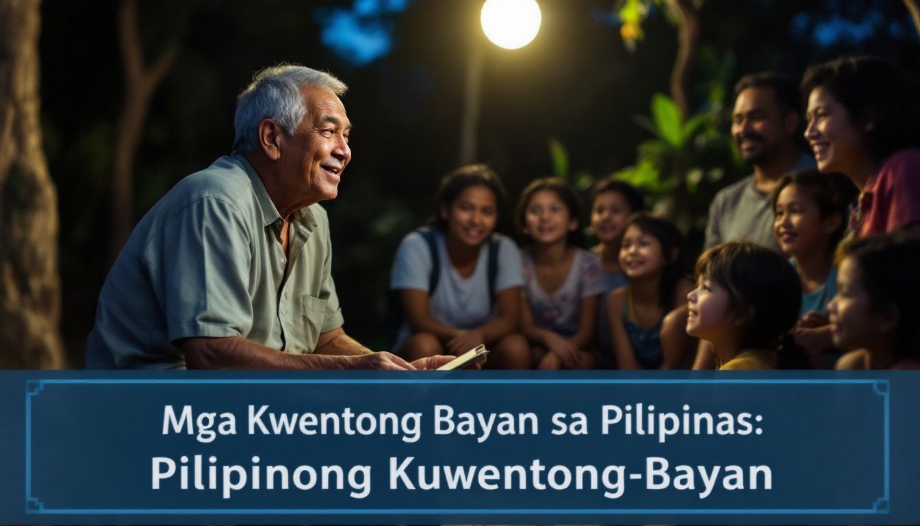 Elder storytelling to group, Filipino folklore event.