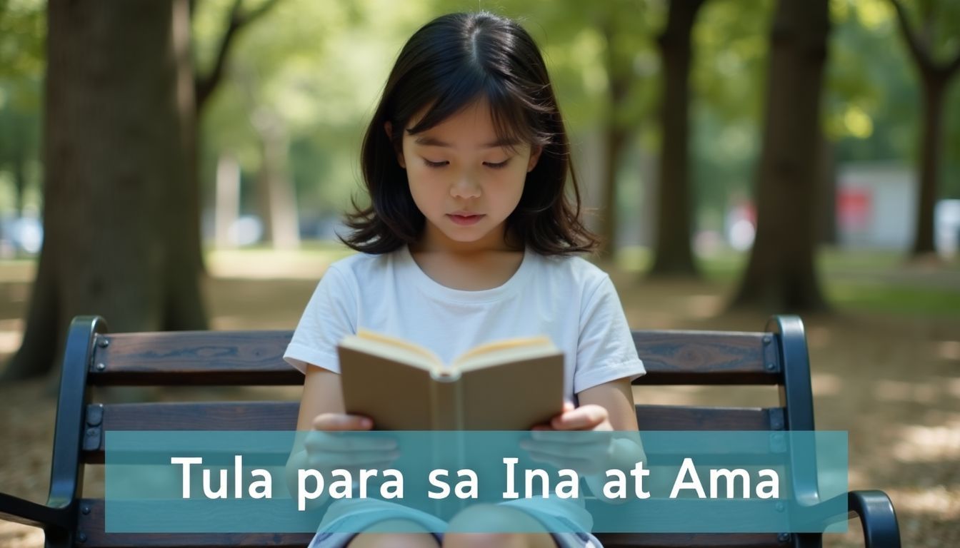 Child reading a book on park bench