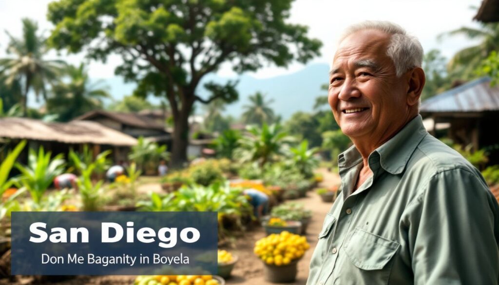 Smiling man in rural village landscape