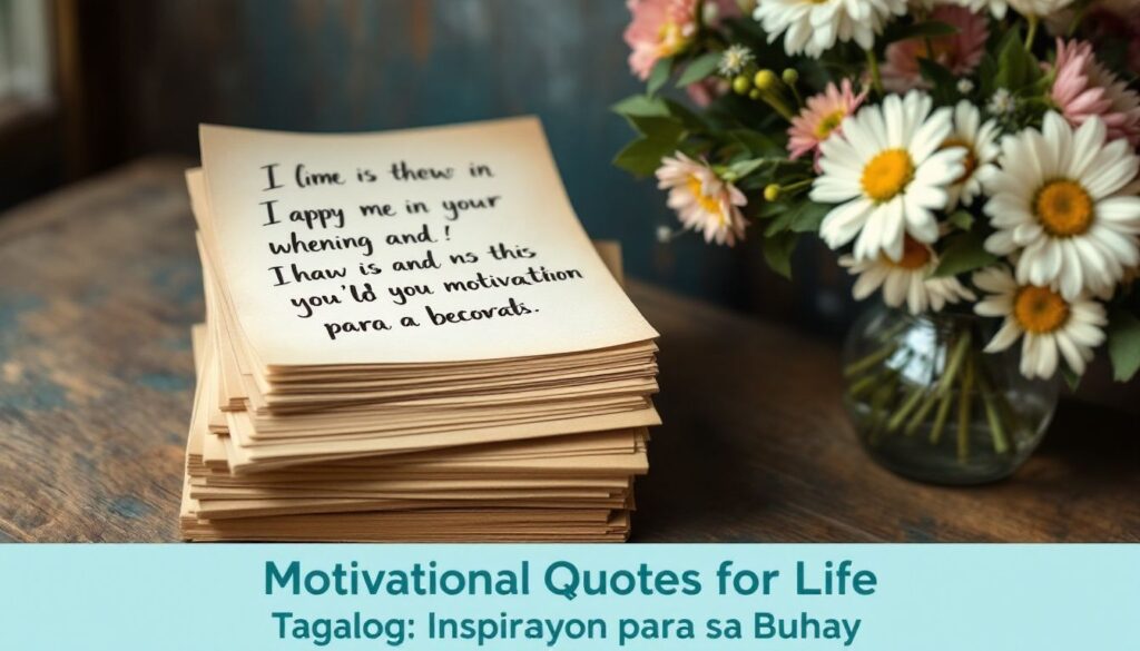 Stack of motivational quotes beside flowers