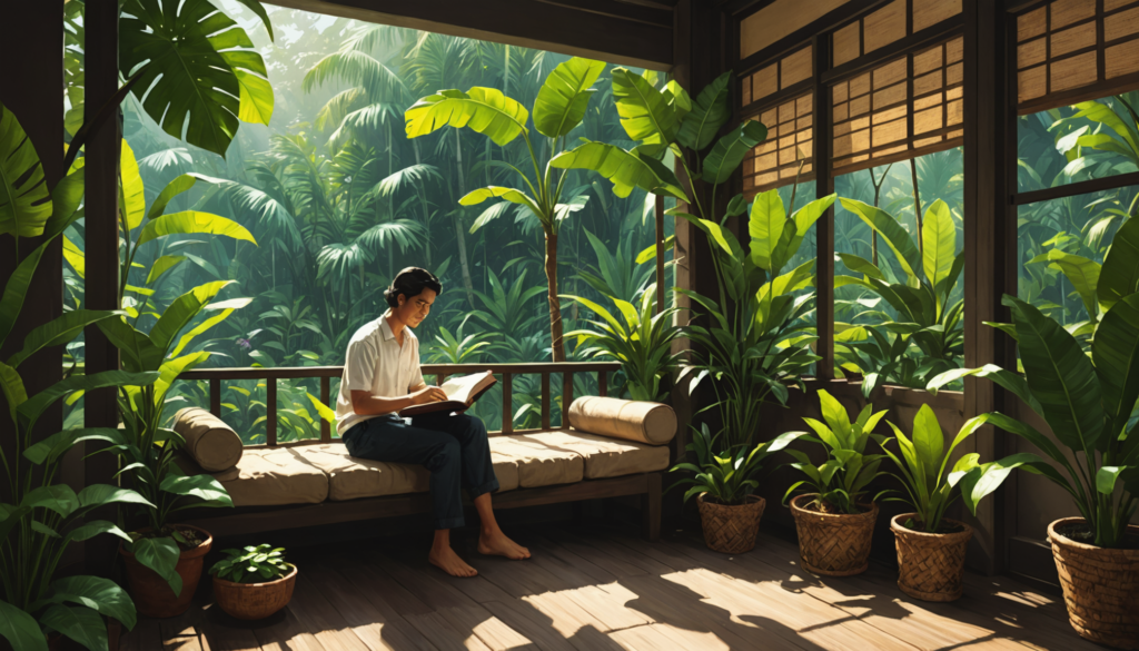 Man reading on porch surrounded by potted plants