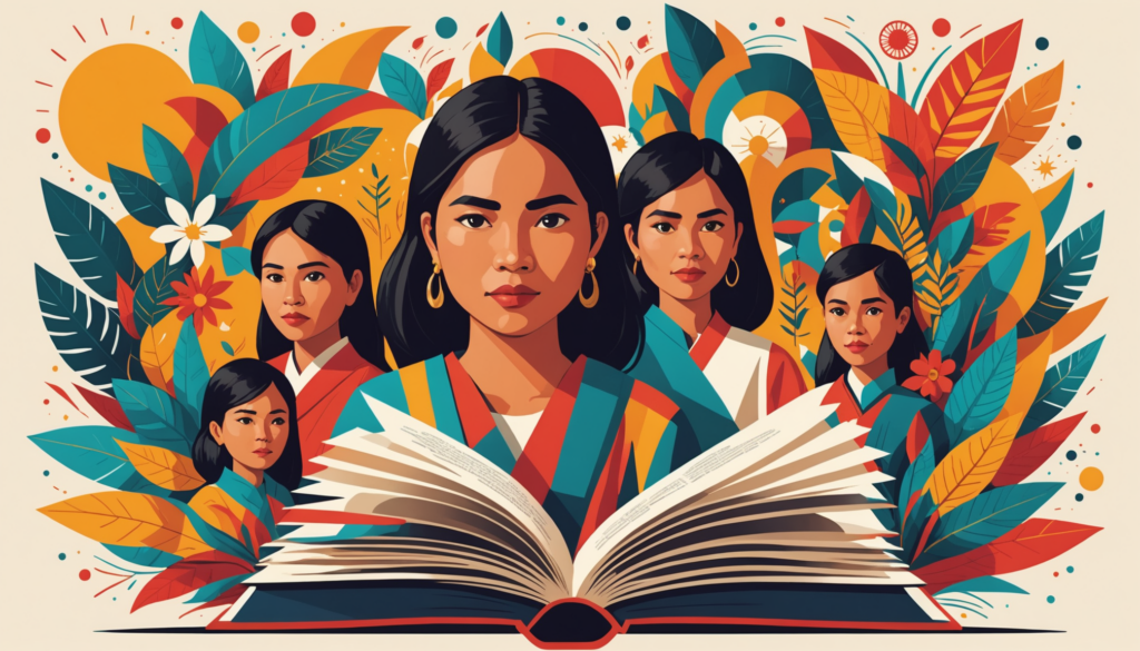 Women illustration with colorful leaves and open book.