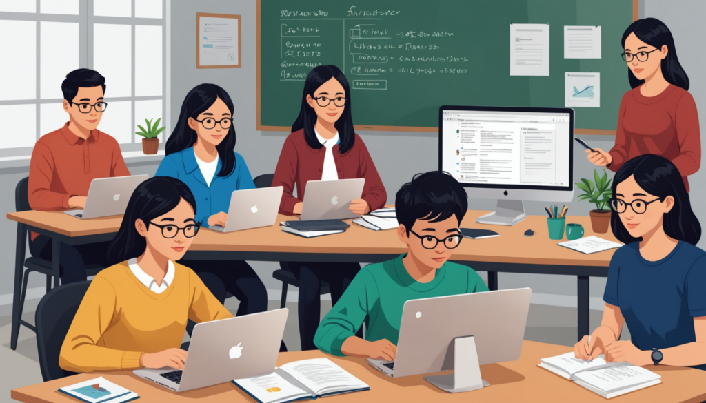 Students studying with laptops in classroom