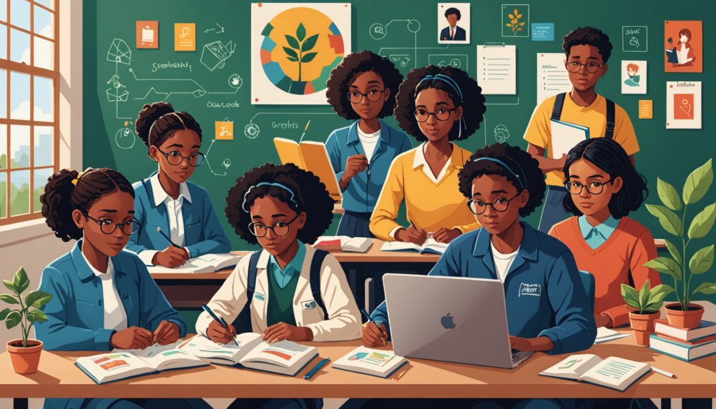 Diverse students studying in a classroom setting.