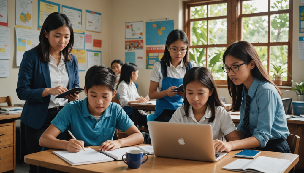 Students collaborating in a classroom with laptops.