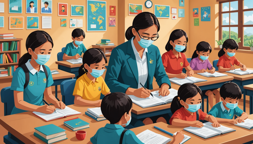 Students wearing masks in classroom with teacher.