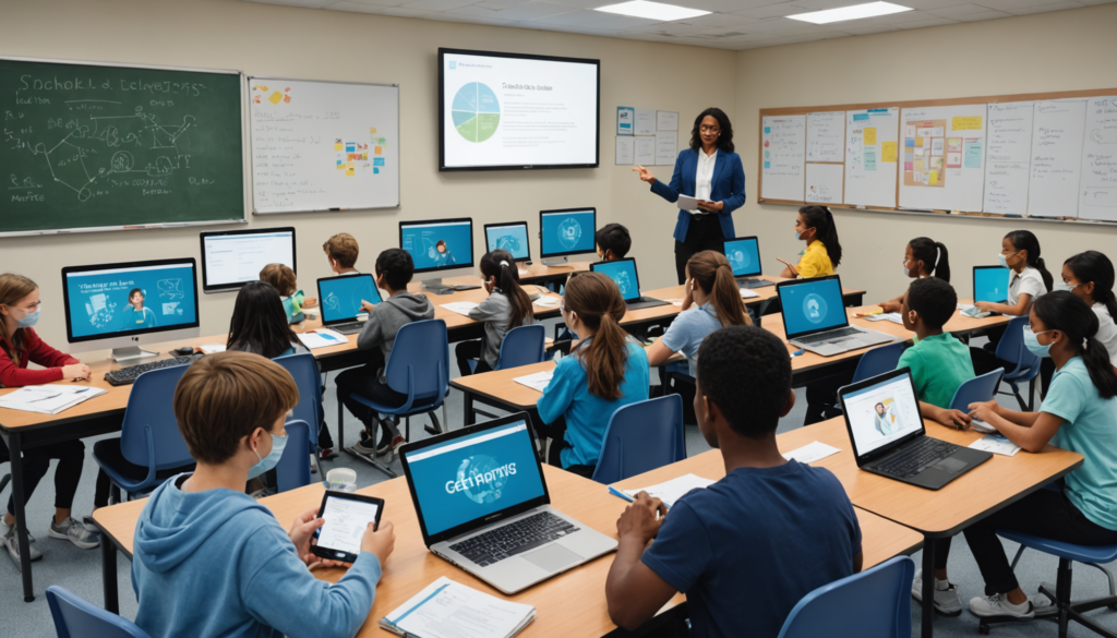 Teacher instructs students on laptops in classroom.