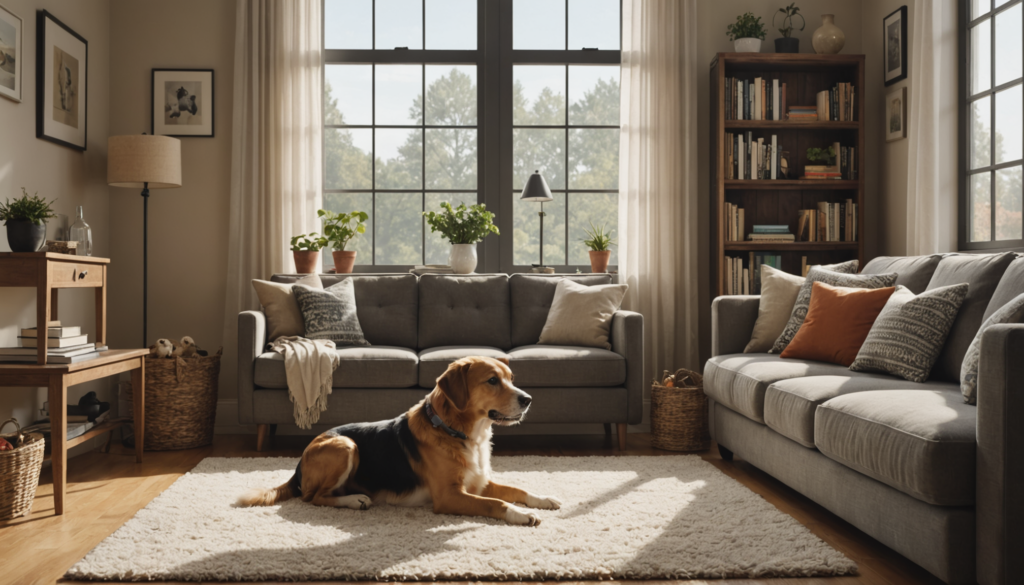 Dog relaxing in cozy, sunlit living room