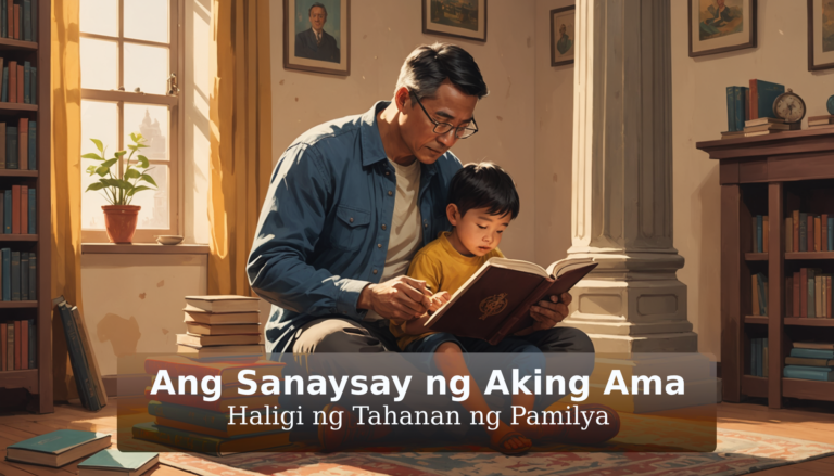 Father reading to child in cozy library.