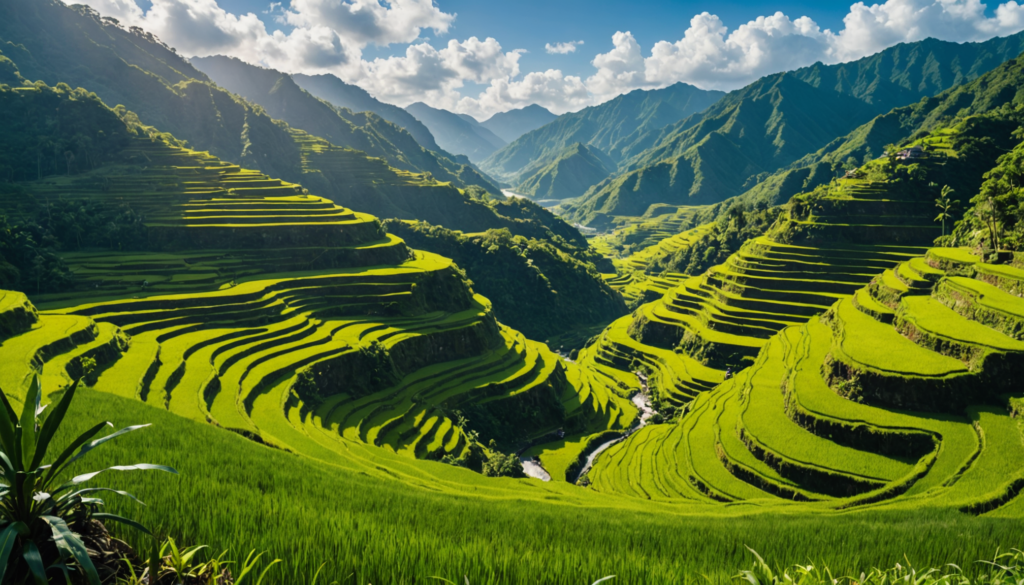 Lush green terraced rice fields in mountainous landscape.