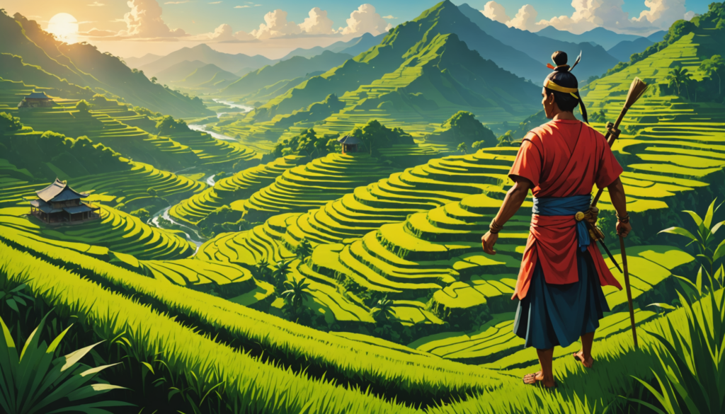 Farmer overlooks vibrant terraced rice fields at sunrise.