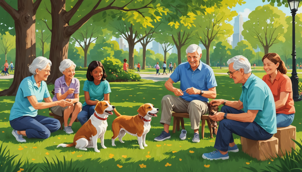Seniors enjoying a park with dogs, sunny day.