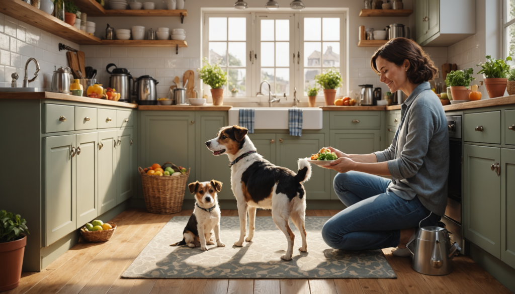 Woman in kitchen with two dogs, holding salad.