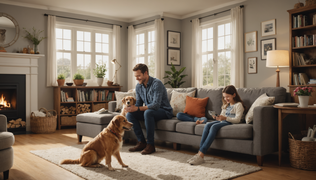 Family relaxing in cozy living room with dogs.