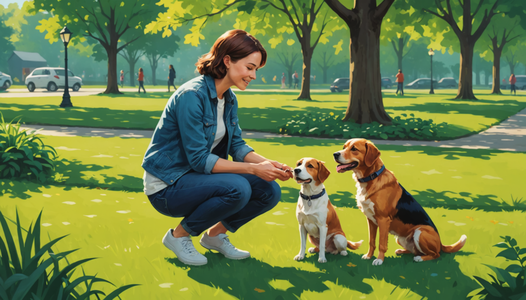 Woman playing with two dogs in park