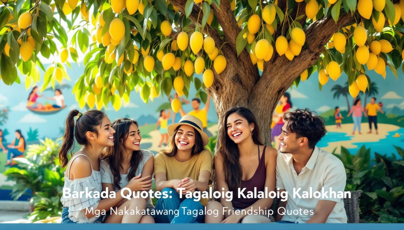 Friends laughing under a mango tree.