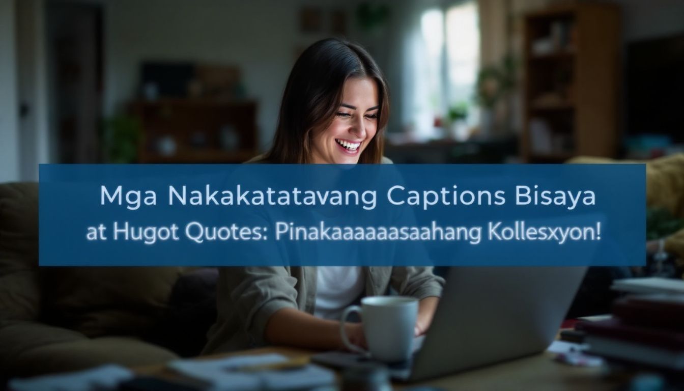 Woman smiling at laptop, Bisaya captions text overlay.