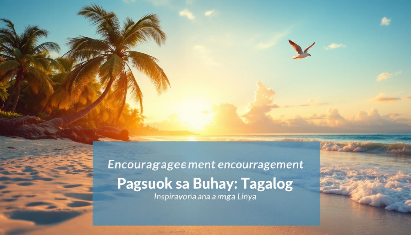 Sunset beach with motivational Tagalog text.