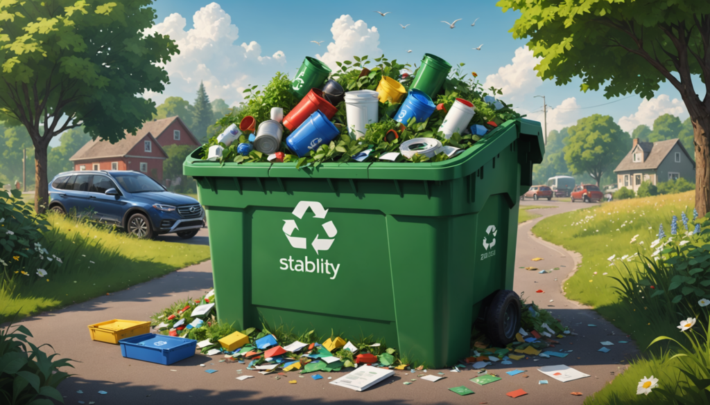 Overflowing recycling bin on suburban street