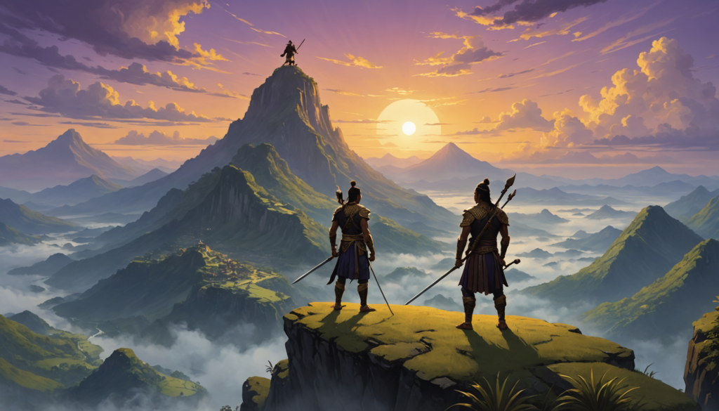 Warriors overlooking misty mountains at sunrise