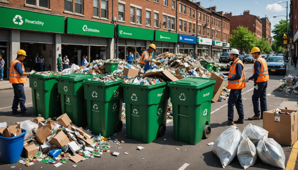 Workers managing overflowing trash bins on street.