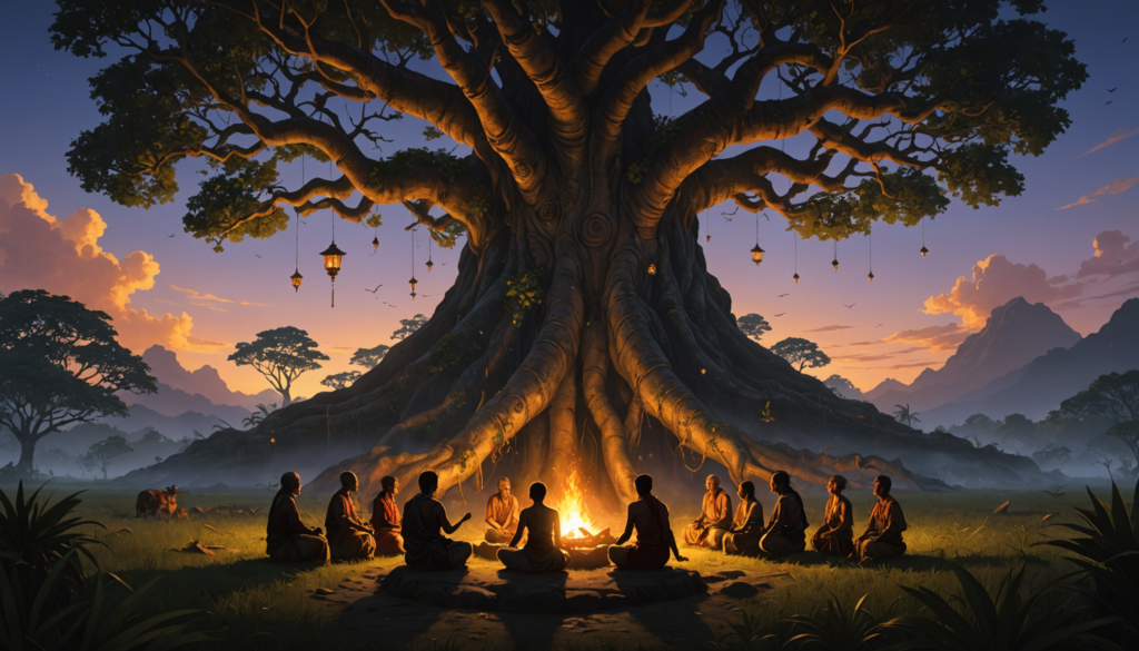 People meditating around campfire under large mystical tree.