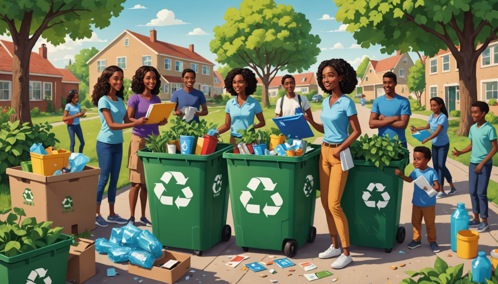 Community recycling event with smiling participants.