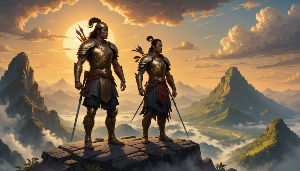 Two warriors in armor on mountain at sunset.