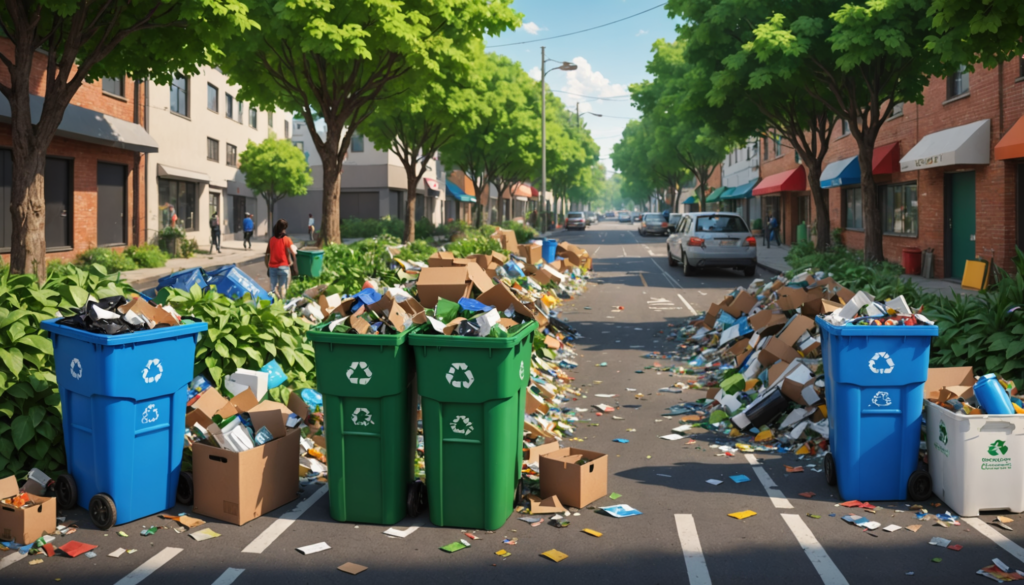 Overflowing recycling bins on city street