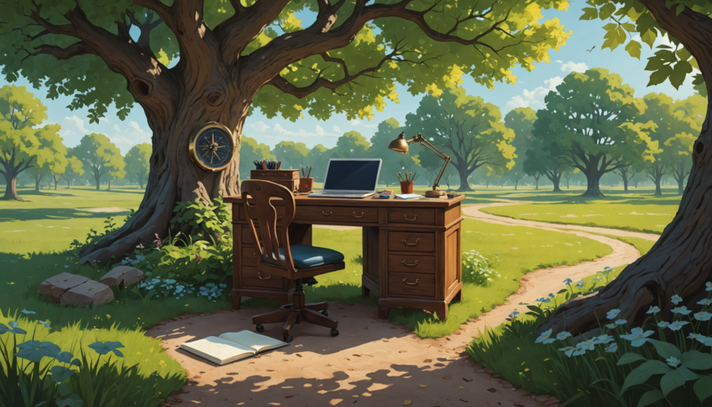 Outdoor workspace with desk under tree in park.