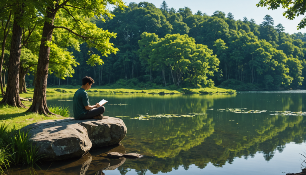 Person reading by tranquil lake surrounded by trees.
