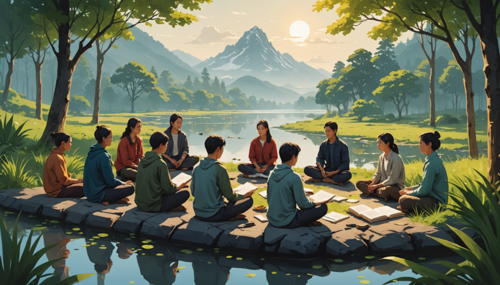 Group meditating by a lake with mountains view.
