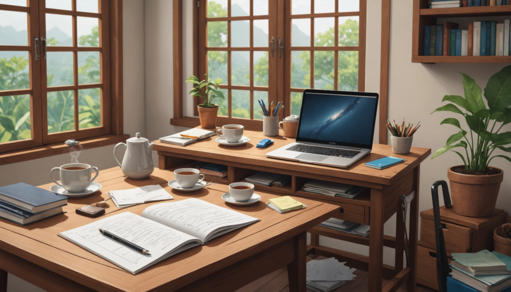 Cozy home office with laptop and books.