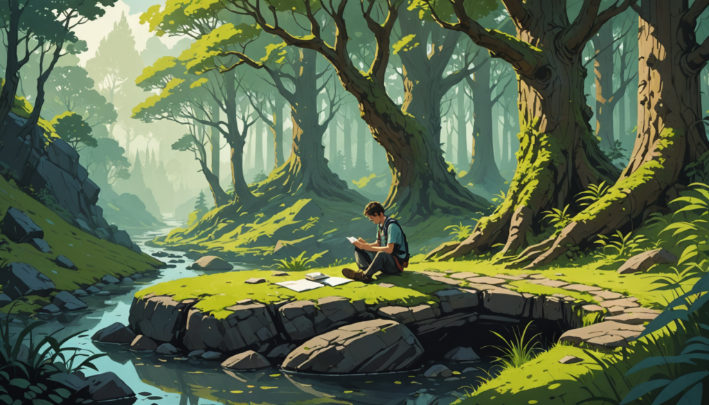 Person reading on riverbank in forest