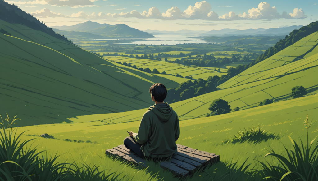 Person meditating on lush green hill landscape