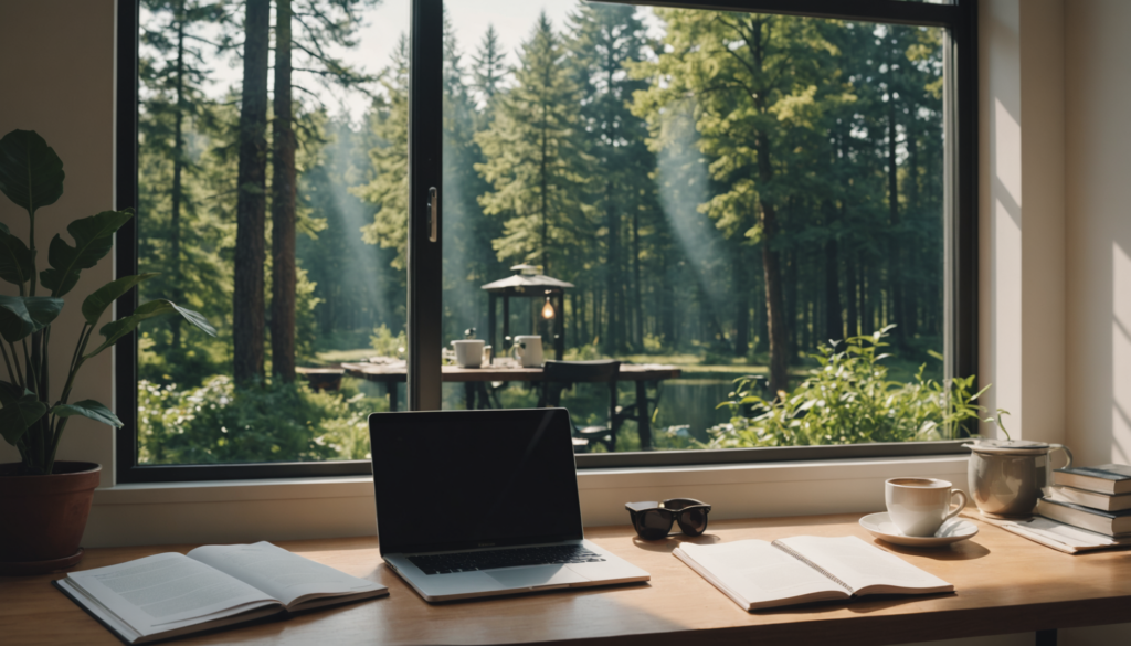 Home office with forest view through window.