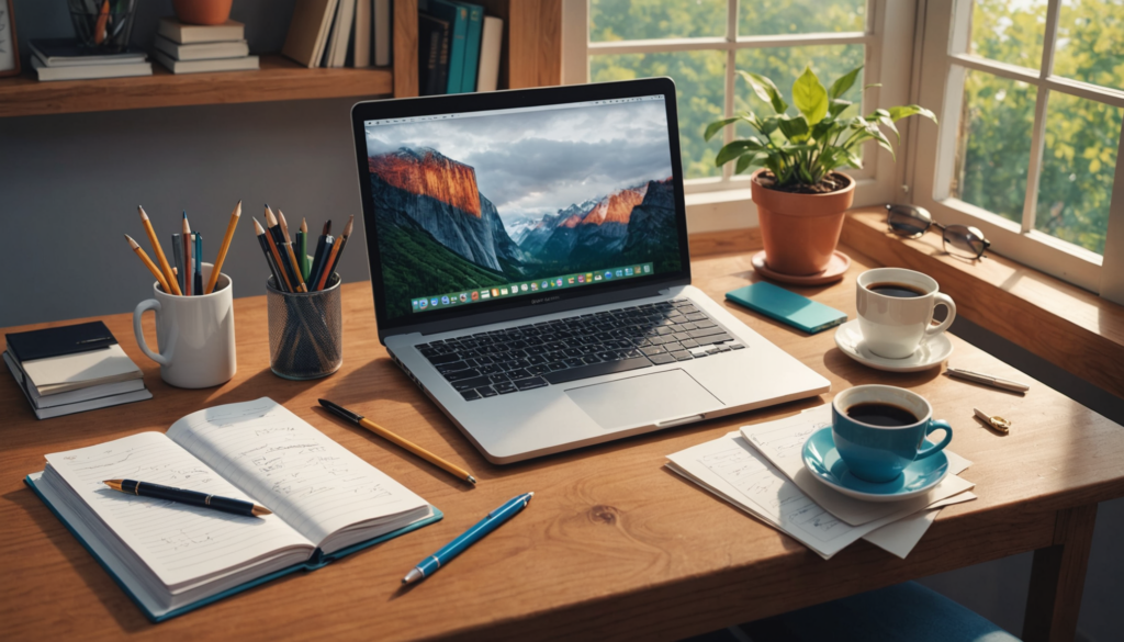 Home office desk with laptop and coffee