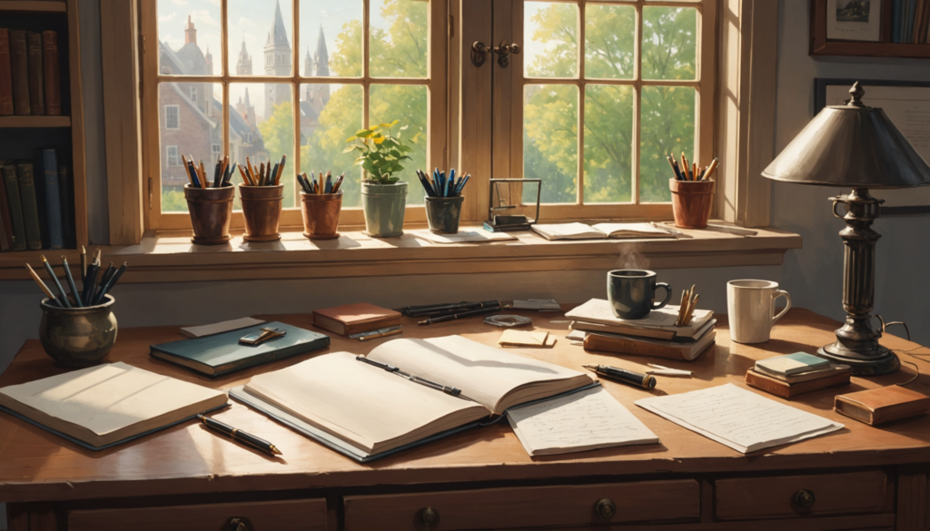Cozy desk with books, notebooks, and coffee.